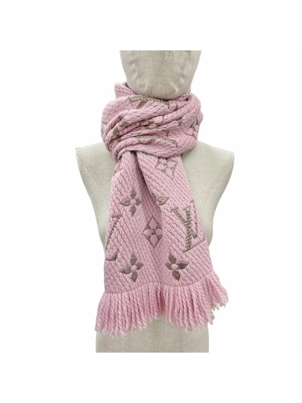 Louis Vuitton Echarpe Logo Mania Shine Wool Silk Blend Scarf Pink Gold - Picture 3 of 8